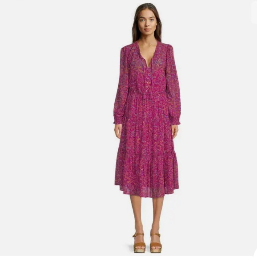 Beachlunchlounge Women's Tiered Print Long Sleeve Dress size Extra Large